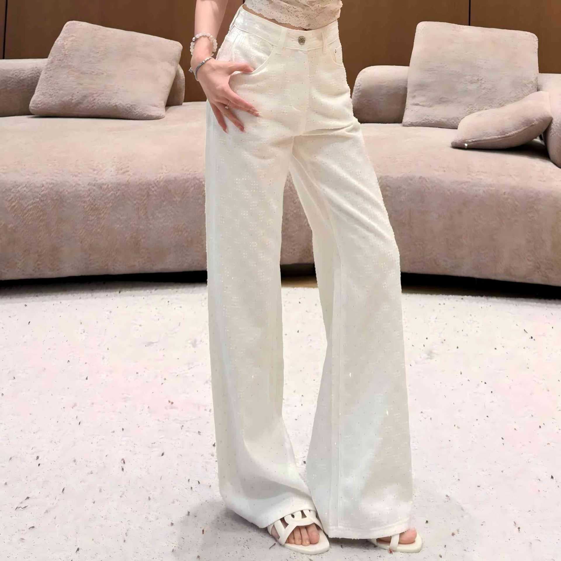 White Rhinestone High-Waist Hip-Covering Jeans, Nanyou Women's Elegant Commuter Versatile Wide-Leg Pants, Slimming Summer Trousers