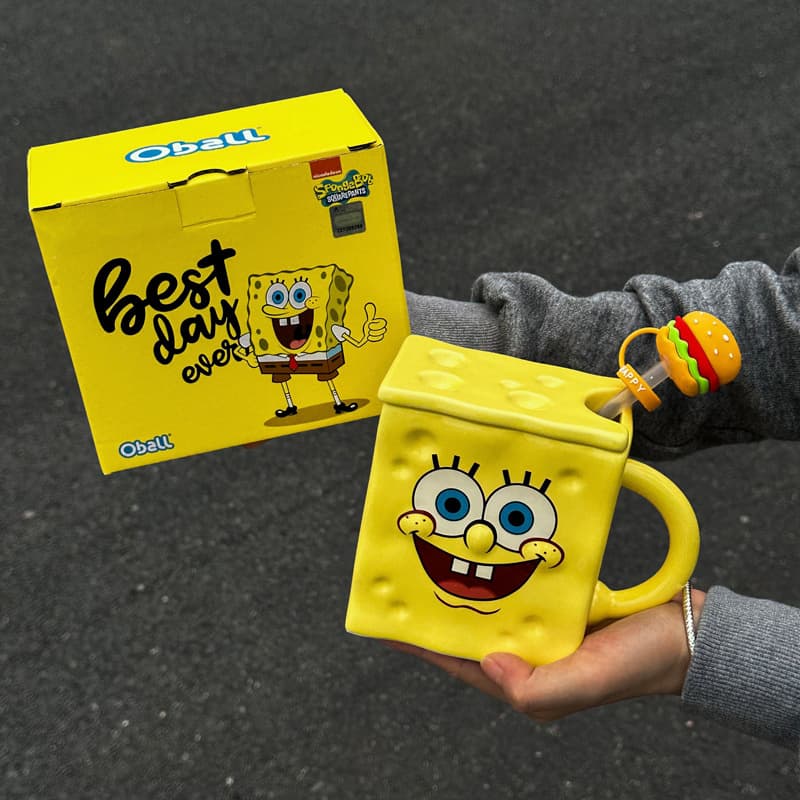 Cute SpongeBob Straw Cup Ceramic Mug with Lid, Birthday Gift for Men and Women, Souvenir Gift Box Set