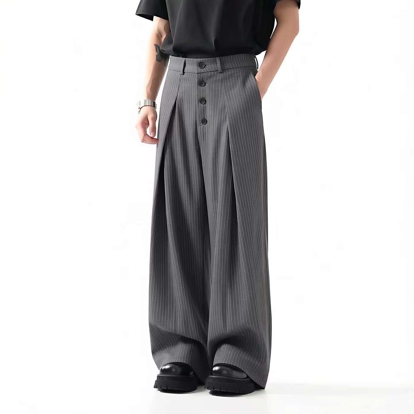 Trendy Striped Straight-Leg Dress Pants for Men, American Loose-Fitting Casual Trousers, Gray and Black