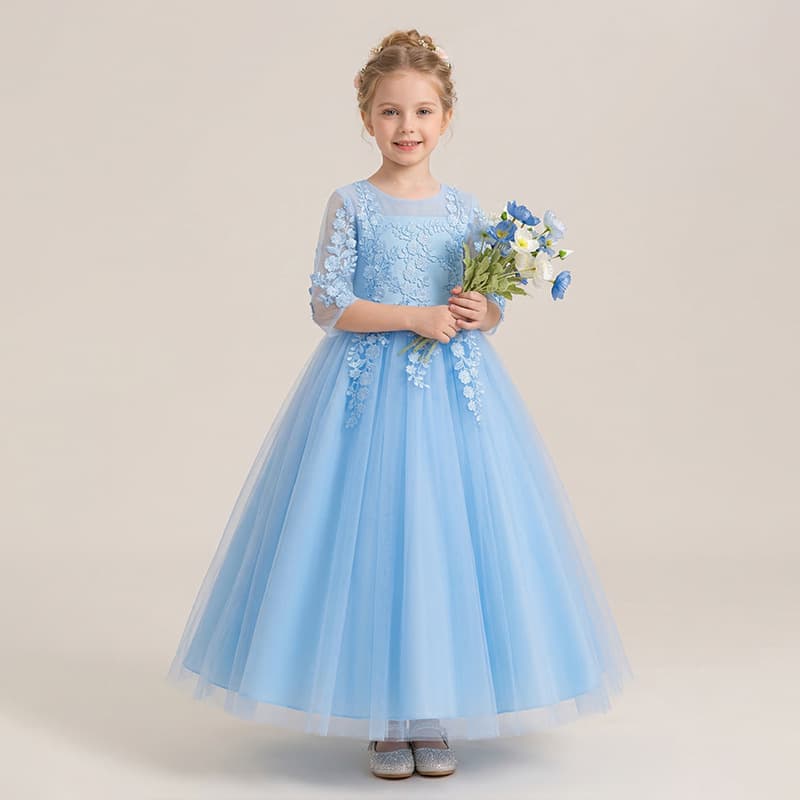 European and American Style Floral Children's Dress Long Sleeve Princess Kids Wedding Gown Tulle Tutu Dress for Girls Three-Quarter Sleeve Summer