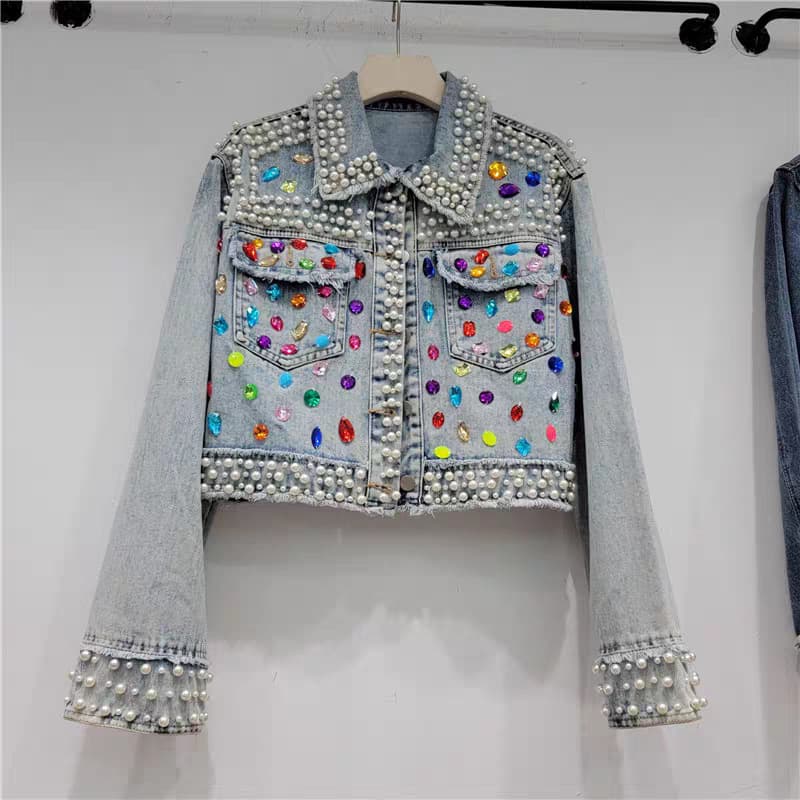 European 2025 Autumn New Designer Heavy-Duty Denim Jacket for Women with Rhinestone Embellishments, Loose Fit, Versatile Top, Trendy