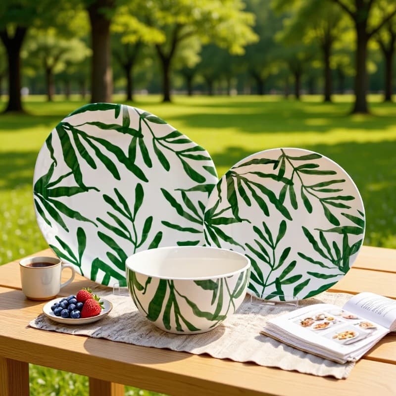 Rustic Green Leaf Print Ceramic Bowl and Plate Set