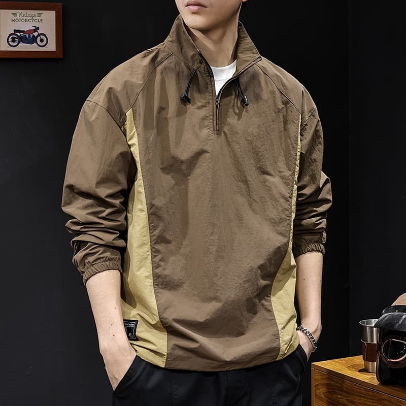 American Retro Contrast Color Patchwork Workwear Long Sleeve Shirt for Men, Spring/Autumn Casual Jacket, Loose Stand Collar Sweatshirt