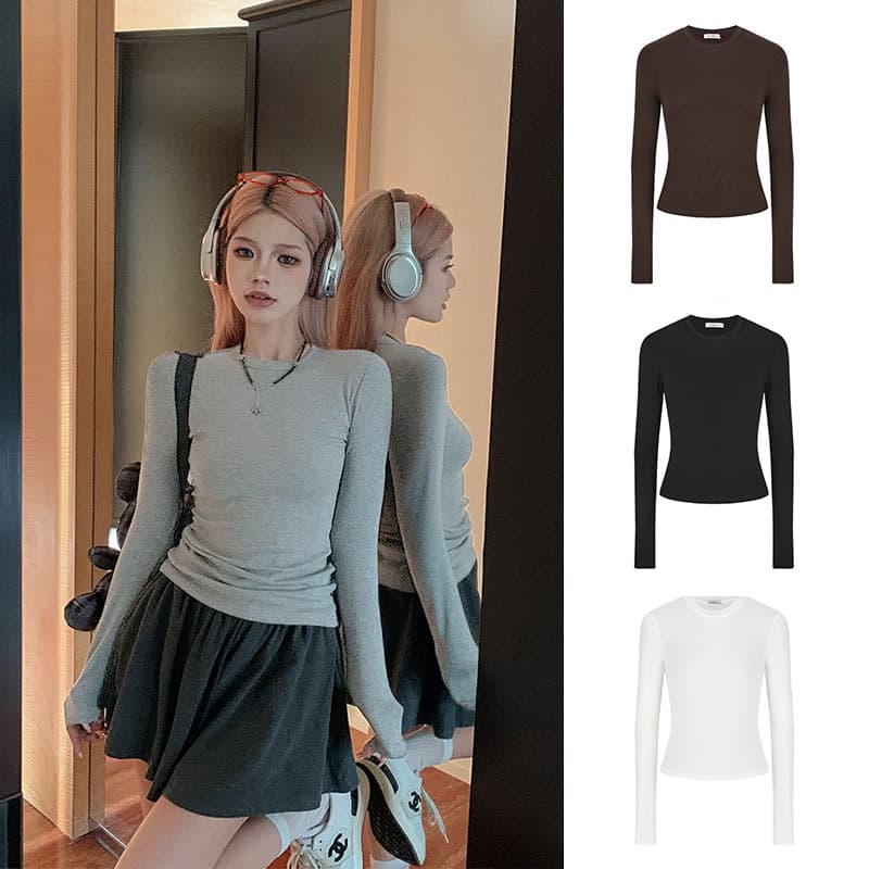 Autumn Winter Fleece Lined Warm Basic Versatile Spicy Girl Korean Style Solid Color Slim Fit Long Sleeve T Shirt Women's Base Top