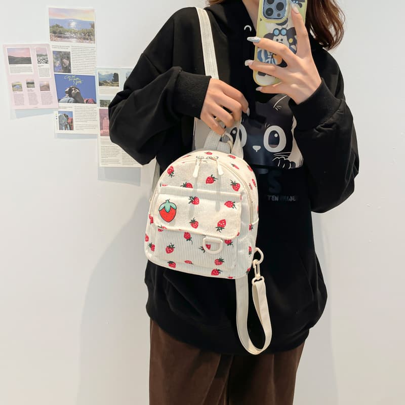Retro Corduroy Mini Backpack Women's Casual Cute Outdoor Double Shoulder Bag Simple Korean Style Mobile Phone Pocket Polyester L