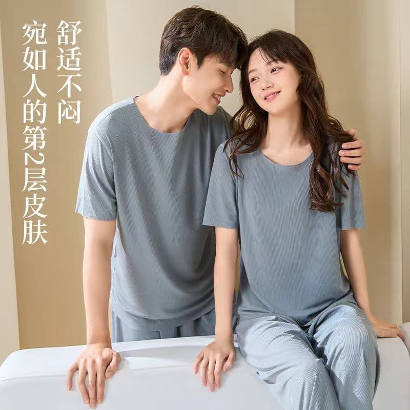 Couple Ice Silk Homewear Summer Women's Round Neck Short Sleeve and Long Pants Set Men's Shorts Seamless Pajamas