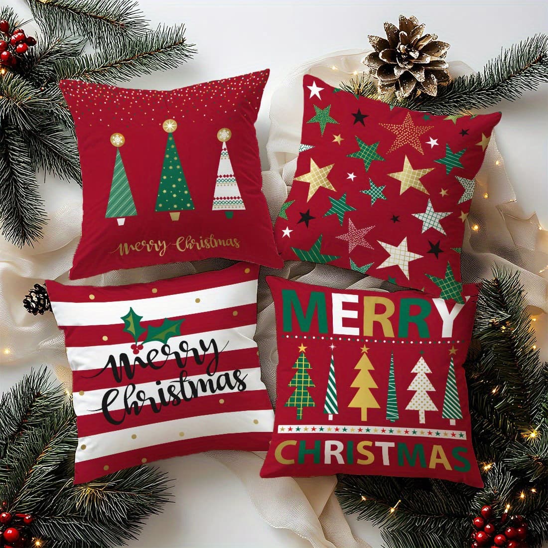 Cross-border 4pcs Christmas Tree Pattern Pillow Covers, Living Room Sofa Cushion Covers, Insert Not Included