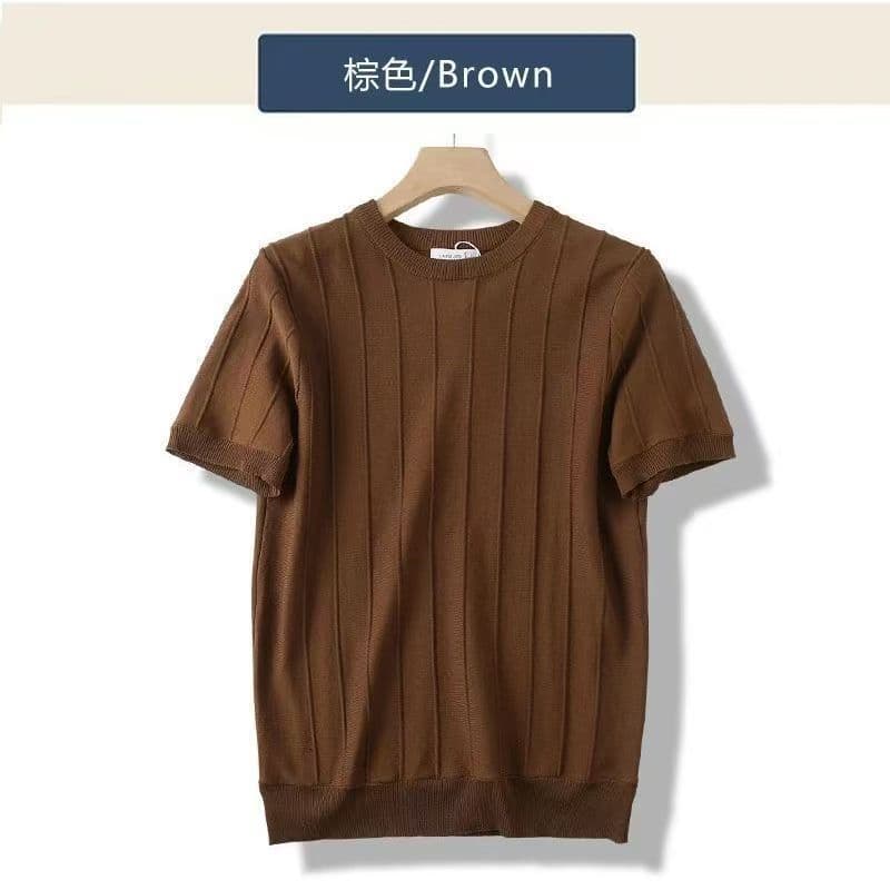 Ice silk sweater short-sleeved men's popular 2024 new summer men's stretch tight striped men's T-shirt
