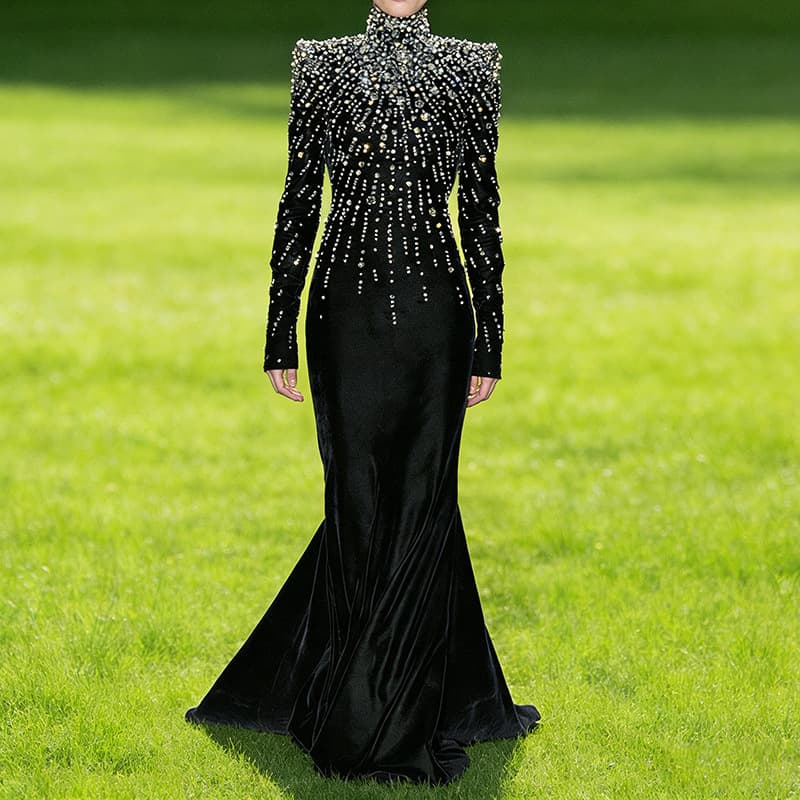 European & American Cross-Border Evening Dress Long Gown 2026 Autumn/Winter Celebrity Heavy Beaded Rhinestone Velvet Dress