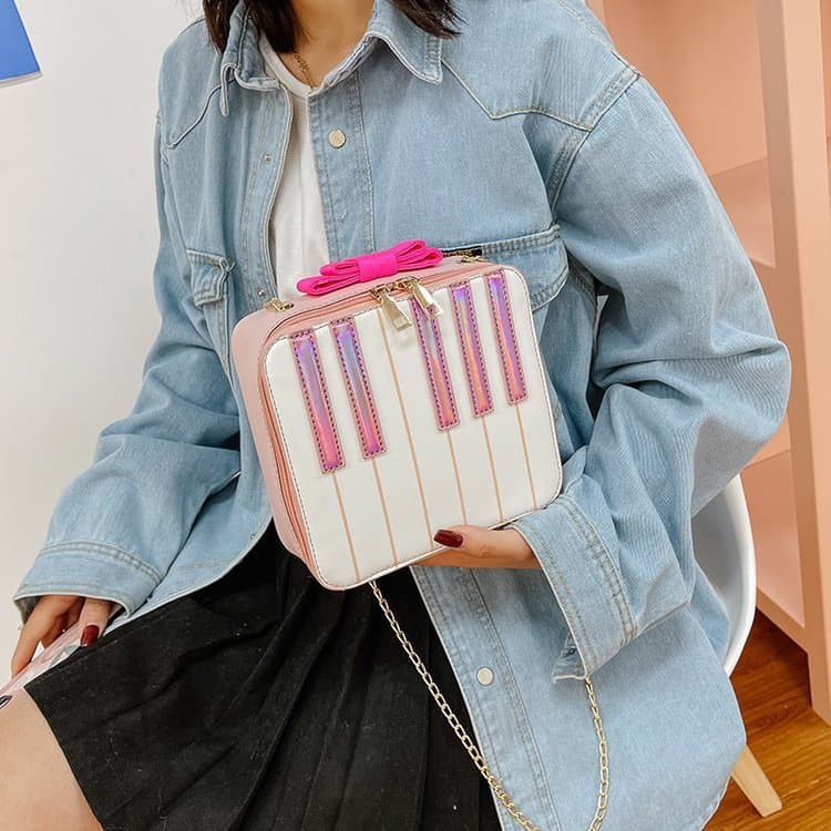 Quirky European And American Fashion Laser PU Women's Chain Handbag Creative Simulation Piano Key Small Square Bag