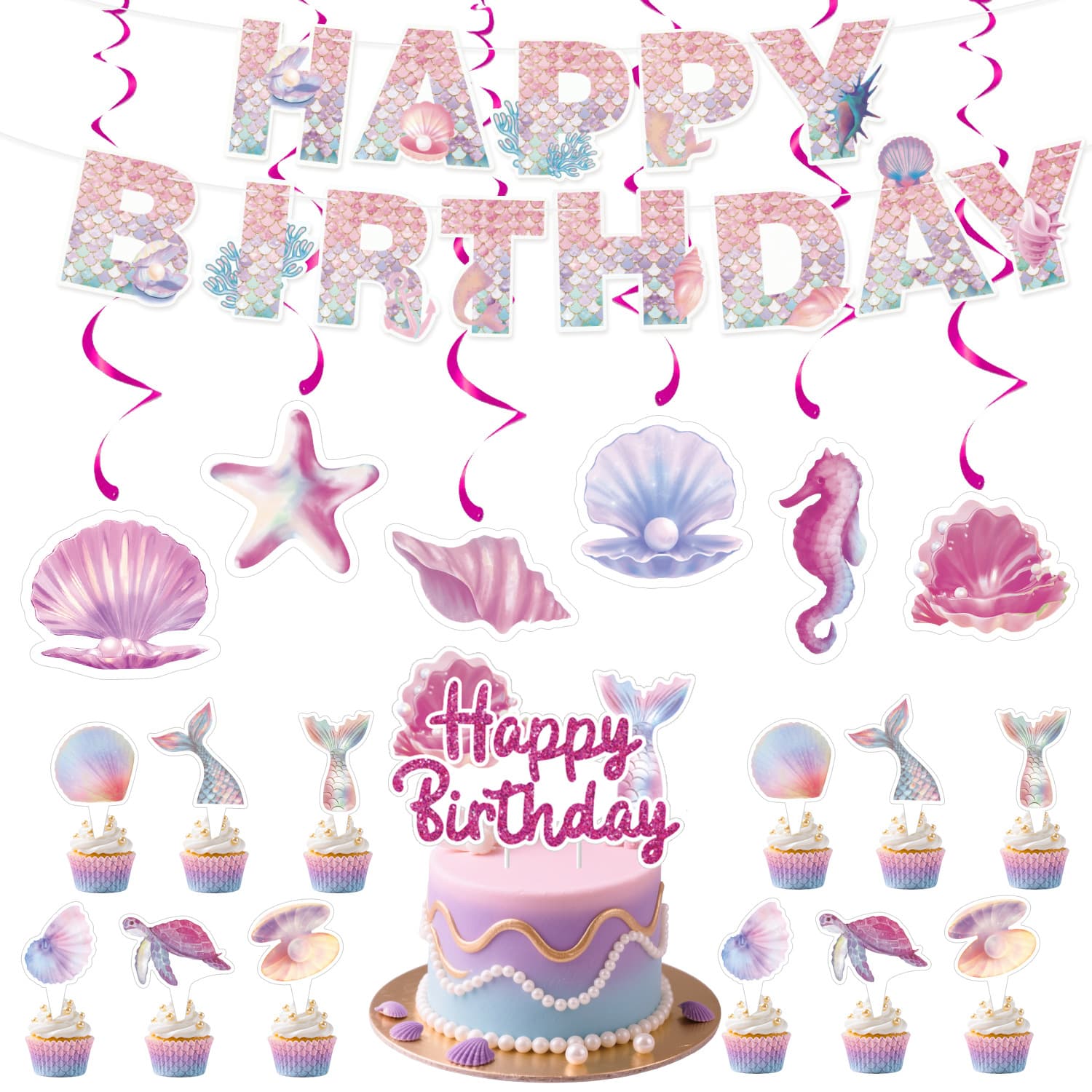 Mermaid Theme Party Decoration Set Pull Spiral Cake Insert Set Children's Birthday Party Decor
