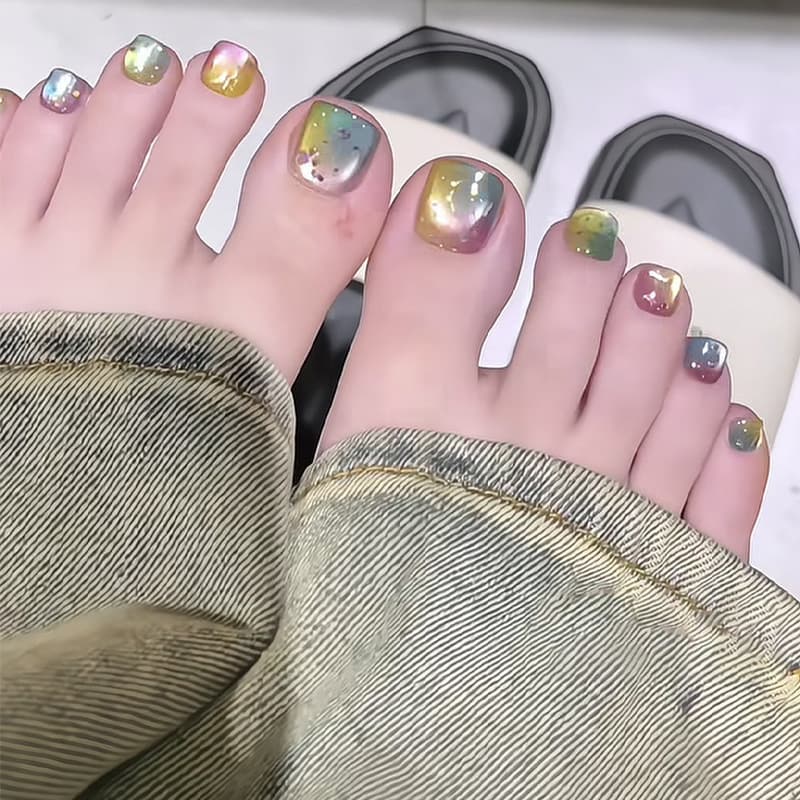 Rainbow Toenail Press-On Nails Short Square Cat Eye Glitter Gradient Summer Vacation Toe Nail Art