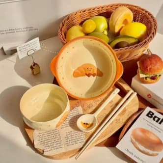 Single-Serving Fruit Croissant High-Gloss Ceramic Bowl, Double-Ear Noodle Bowl for Home, Student Dorm, Suitable for Instant Noodles and Luosifen