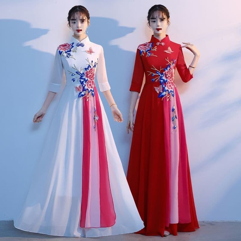 Hongge New Chorus Gradient Performance Dress for Middle-aged and Elderly, Host Gown, Conductor Long Dress for Women