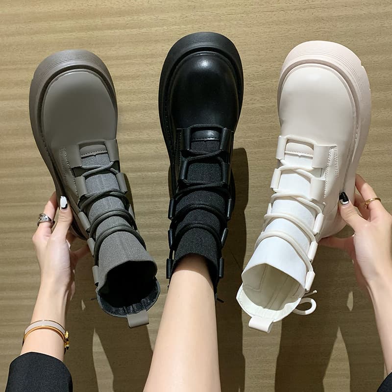 Black Chunky Platform Leather Boots Knit Boot Accessories Short Boots Autumn Winter New Women's Martin Boots Fashion Boots