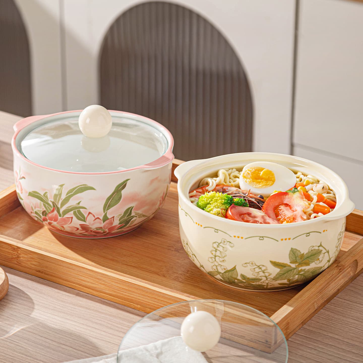 Cute Instant Noodle Bowl with Lid and Handles for Student Dorm, Household Rice Bowl, Ramen Bowl, Anti-Scald Ceramic Bowl
