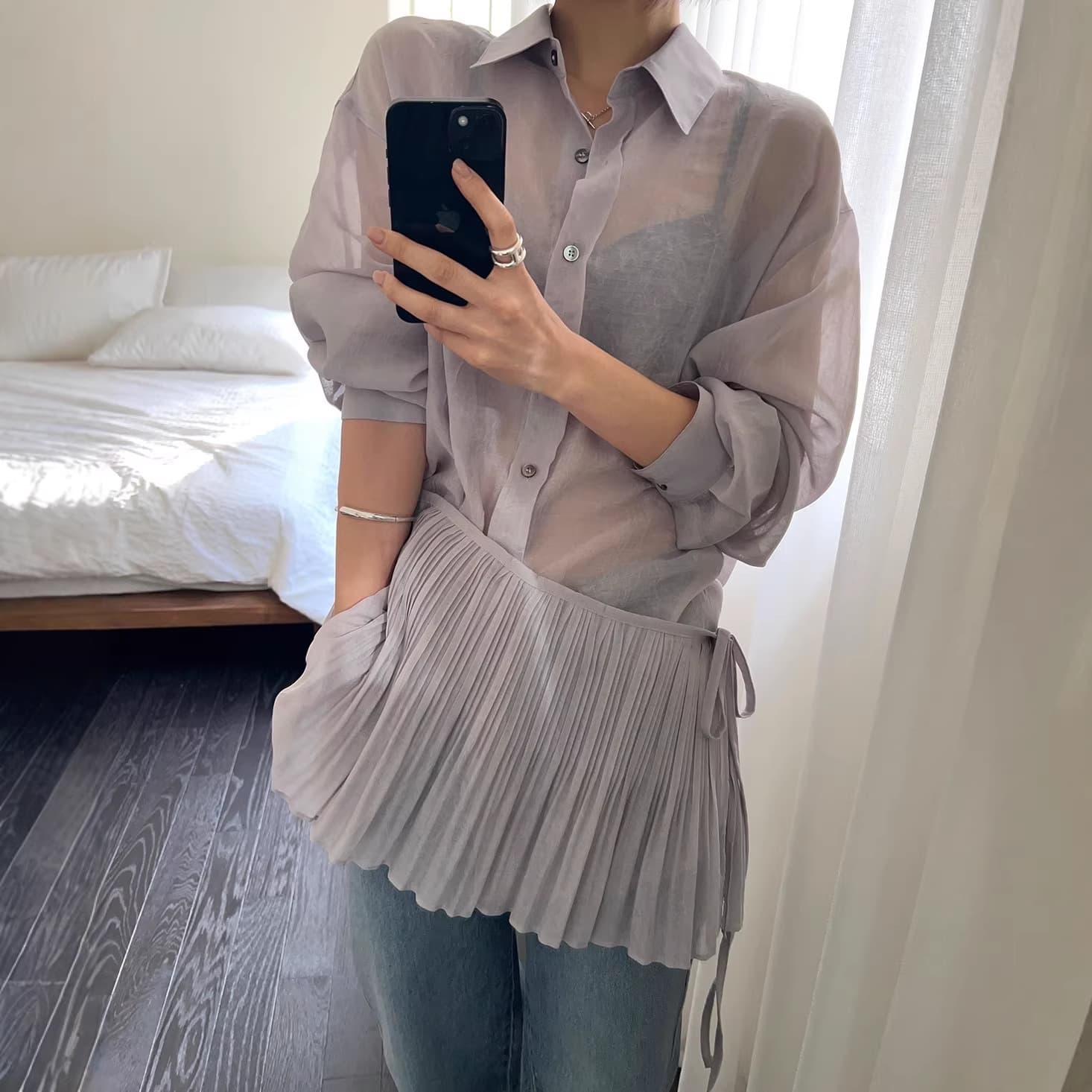 Korean Chic Spring/Summer New Thin Loose Shirt + Draped Pleated Skirt Tie Set