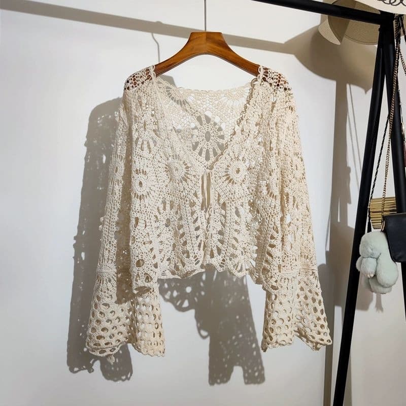 Crochet Lace-up Knit Cardigan for Women Summer New Bohemian Vacation Style Long Sleeve Short Top Cover-up