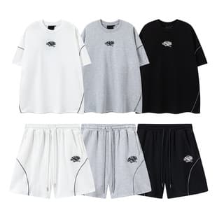 SYNA American Trend Reflective Strip Embroidery Logo Unisex Short Sleeve T-Shirt, Summer Loose Sports Casual Shorts Set Ins