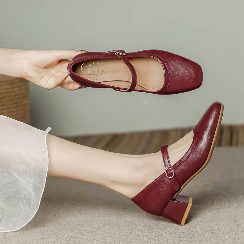 Genuine Leather French Mary Jane Women's Shoes 2025 New Spring Autumn Thick Heel Shallow Mouth Single Shoes to Match Skirts Wine Red Low Heel Shoes