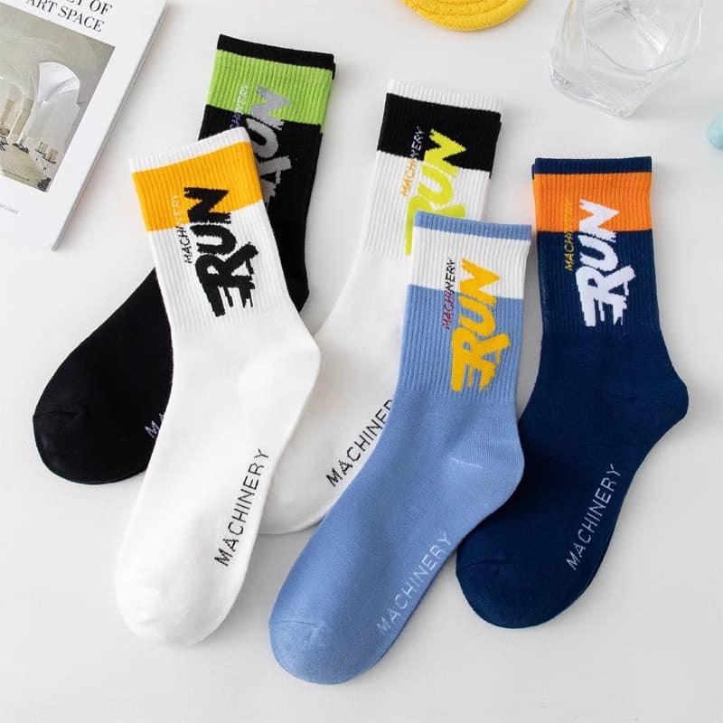 Men's Sports Letter Trendy Socks Cotton Sweat-Absorbent Breathable Youth Training Socks Autumn and Winter Basketball Long Socks Plaid