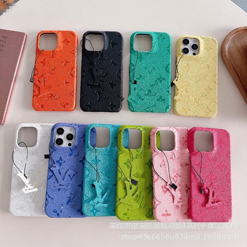Cross-border Hot Trendy Brand Apple 17 Pro Max Phone Case Embossed 16/15/14 European American Tag Protective Case Leather Case