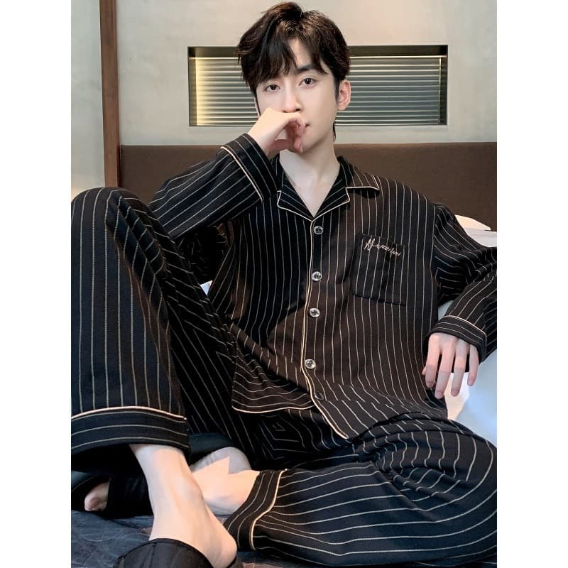 Men's Cotton Pajama Set, Spring and Fall, Plus Size, Loose and Casual Long-Sleeve Cardigan, Wearable Outdoors, Summer and Winter Homewear