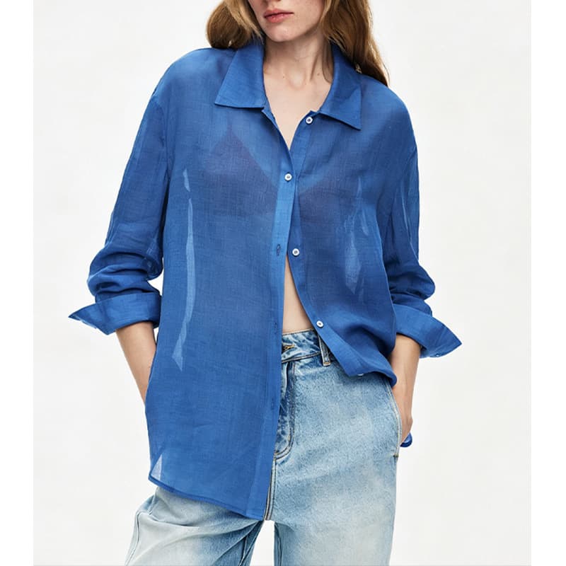 【UO Order】Klein Blue Flattering Turn-Down Collar Long-Sleeve Shirt for Women, Casual Sexy Sheer Sun Protection Top