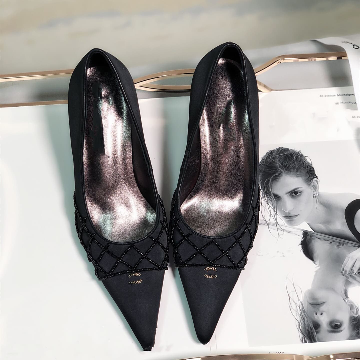 2021 Spring/Summer New Pearl Strap Kitten Heel Pointed Toe High Heel Shoes for Women, Satin Closed-Toe Stiletto Sandals