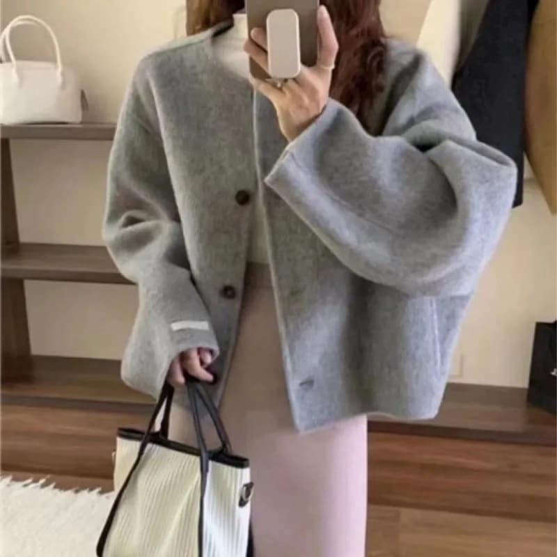 Women's Round Neck Short Double-Sided Wool Coat 2024 Winter Korean Style Loose Fit Elegant Chanel Style Wool Coat