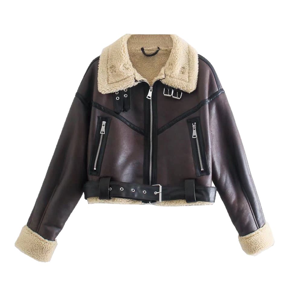 2025 Fall/Winter European and American Maillard Style Short Lambswool Jacket for Women, Edgy Faux Fur and Leather Motorcycle Top