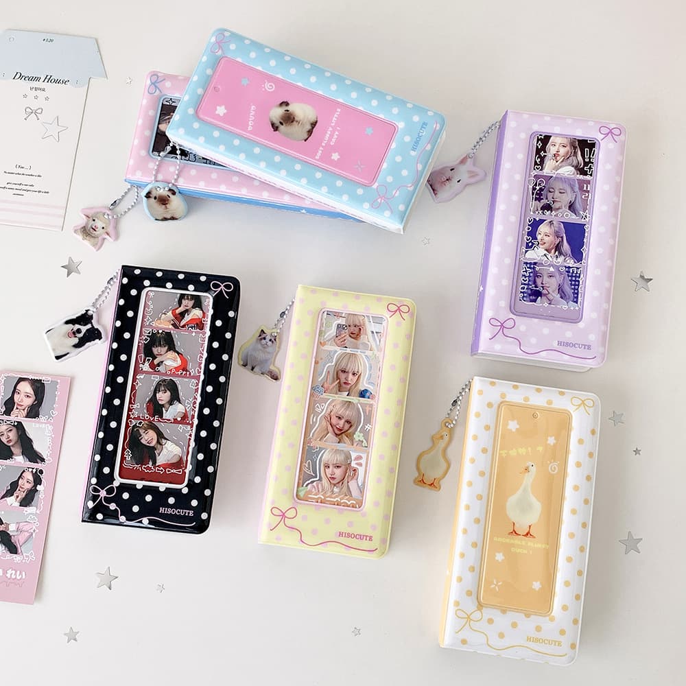 Korean-style Cartoon Dog Life Four-Grid Photo Album, High-Aesthetic Polka Dot Photocard Holder for Students and Fan Collectibles