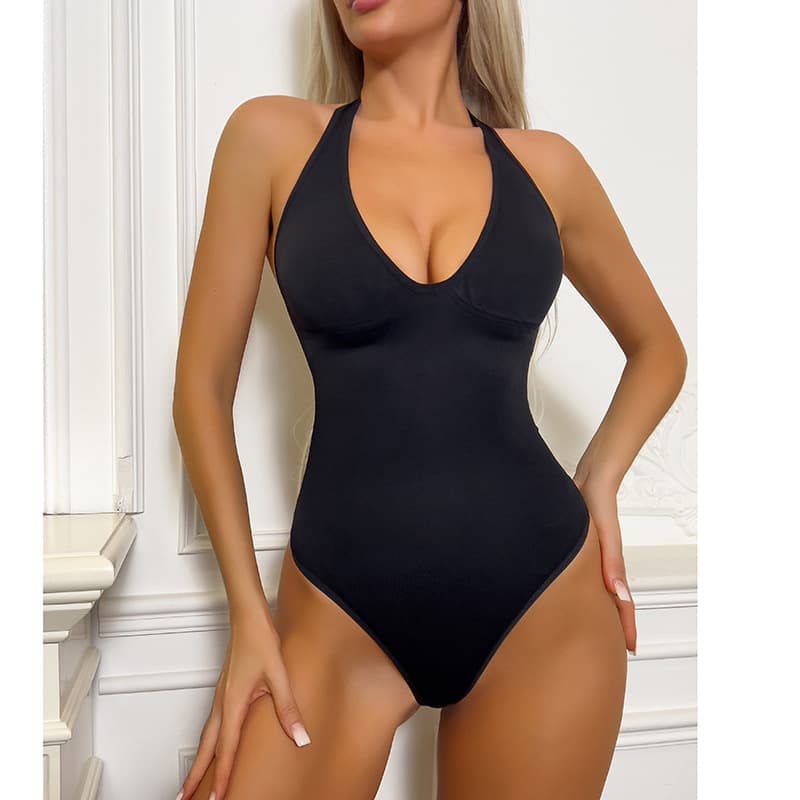 European and American cross-border hot-selling halter vest two-way wear waist-cinching tummy control low-cut thong bodysuit seamless open-crotch.