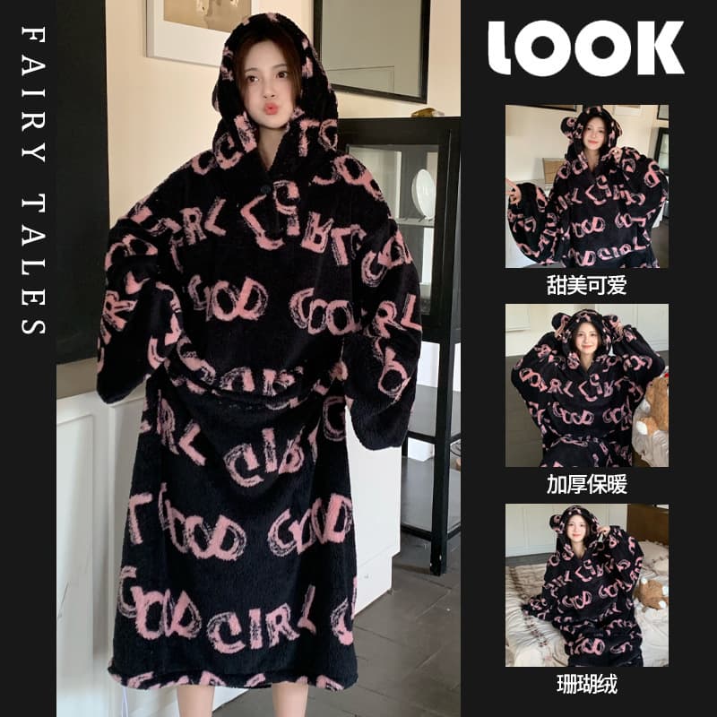 New Autumn/Winter Women's Pajamas Coral Fleece Hooded Loose Long Sleeve Robe Sweet and Cute Warm Homewear Sleep Dress