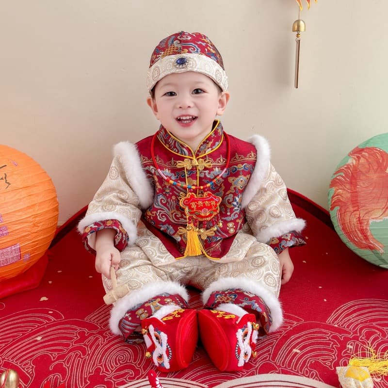 Winter Baby Boy One-Year-Old Ceremony Outfit New Chinese Style Fleece-Lined Thickened Festive Set Birthday Party Suit