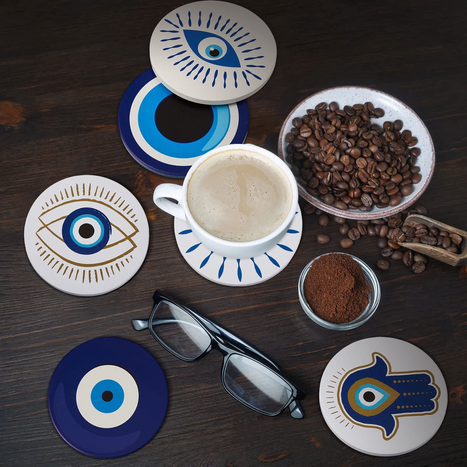 Cross-border Hot-selling Evil Eye 6-Piece Coaster Set, Mug Heat-Insulated Anti-Slip Holiday Home Cafe Decorative Mat