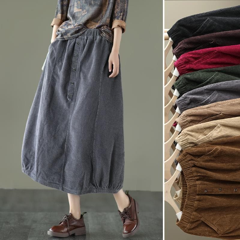 Autumn/Winter Retro Elastic Waist Corduroy Skirt, Artistic Slimming Mid-Length A-Line Skirt