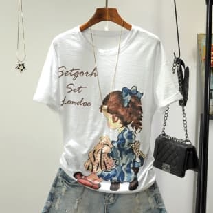 [Quality Bamboo Cotton] Multiple Styles Available, New Short-Sleeve Printed T-Shirt for Women, Loose Fit Versatile Korean Summer Top Trendy