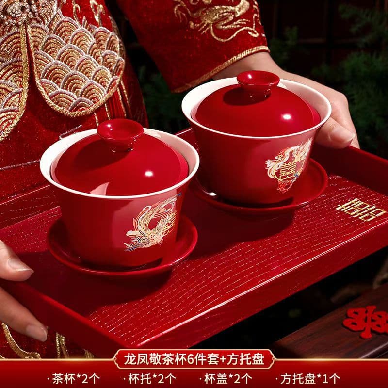 Red Tea Cup Set for Wedding Toasting, Including a Pair of Tea Sets, Auspicious Bowls, Chopsticks, and Cups, Complete with Dowry Accessories