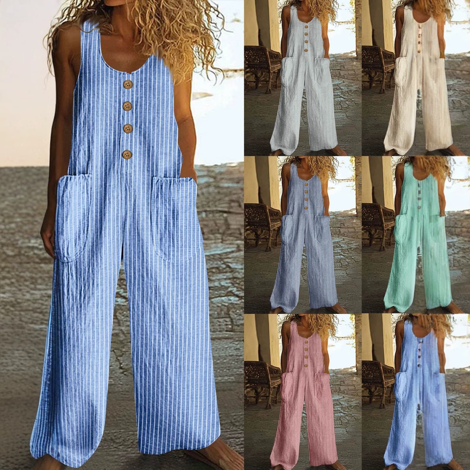 2025 Amazon Cross-Border Button Pocket Loose Casual Striped Cotton Linen Jumpsuit for Women