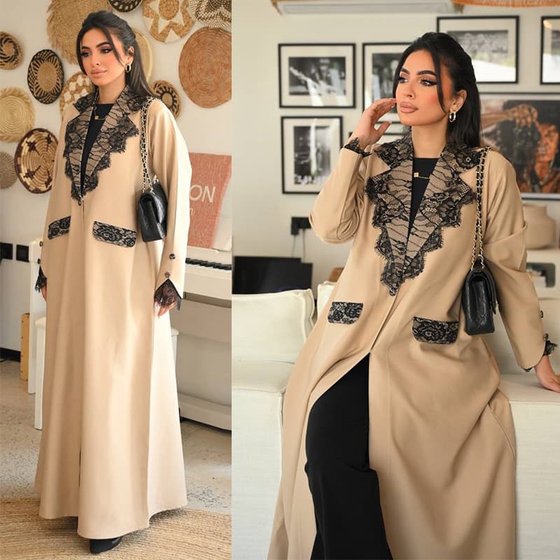 MQ298 Modest Fashion European American Amazon Cross-border Lace Trim Lapel Long Sleeve Loose Long Coat