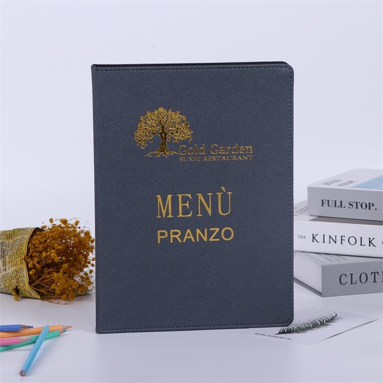 Restaurant Menu Design and Production, Leather Loose-Leaf Price Book, Hotel Order Book with Printed Advertisement and Gold-Stamped Logo