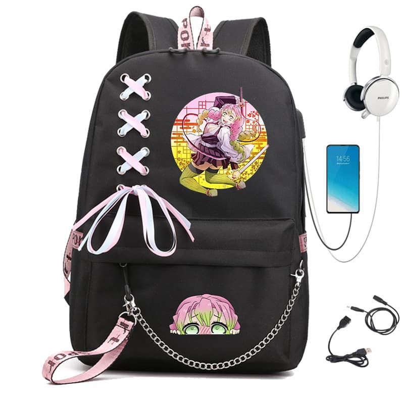 Kanroji Mitsuri Demon Slayer Print Campus School Bag Student Oxford Cloth Chain Backpack 1107-15