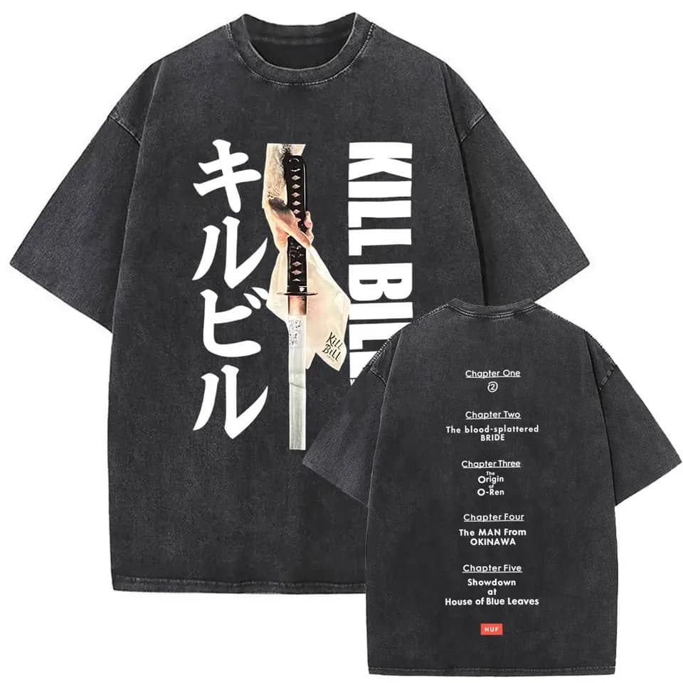 Men's and Women's Short Sleeve Cotton Casual Movie Retro Street T-Shirt Washed Kill Bill T-Shirt Fashion