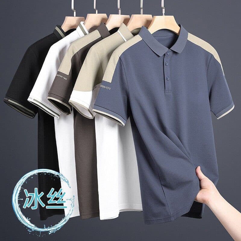 Ice Silk Polo Shirt Men's Short Sleeve T-Shirt Summer Turn-down Collar Thin Business Casual Top Dad Style Korean Loose Fit Striped