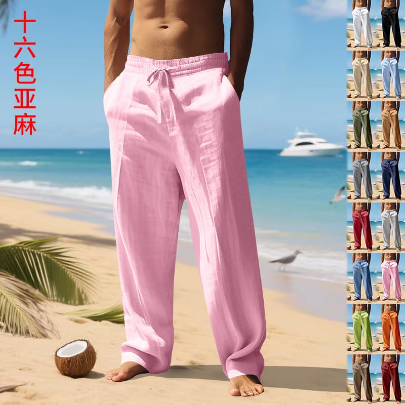Cross-Border Amazon Autumn 16-Color Linen Pants Men's Beach Sports Straight-Leg Pants Casual Light Mature Casual Wear