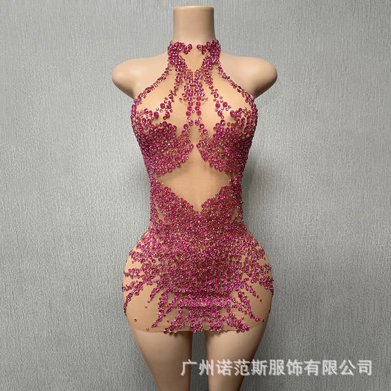New sparkling fuchsia rhinestone sexy halter neck bodycon skirt for nightclubs, clubbing, stage costumes, and electronic music festival singer performance outfits.