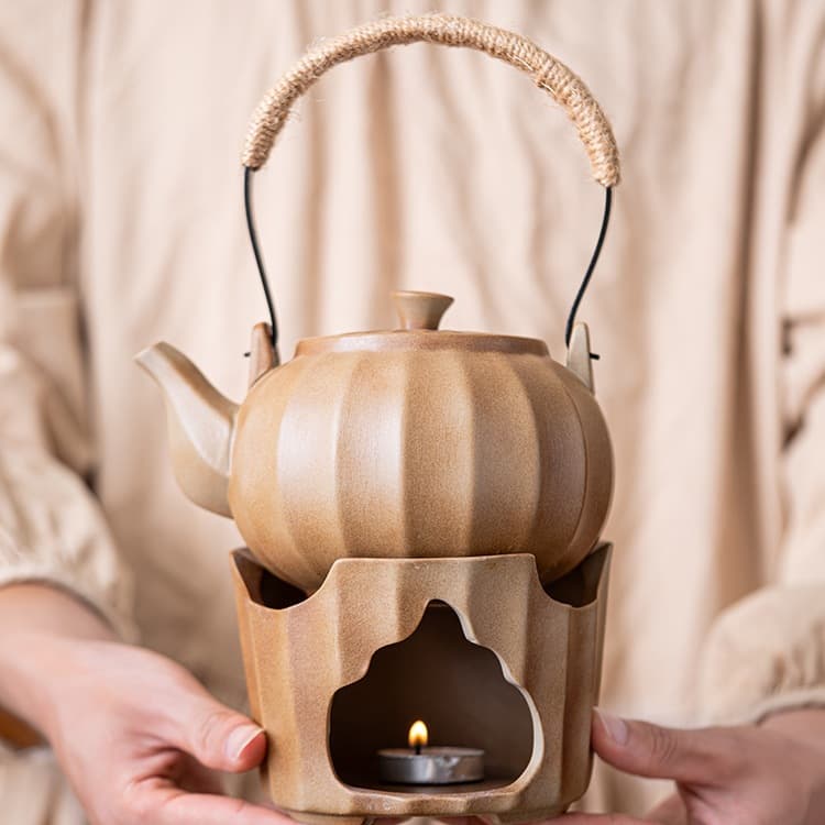 Coarse pottery teapot Gongfu tea set, tea brewing pot, warming jar, ceramic home wood-fired pumpkin-shaped complete set.