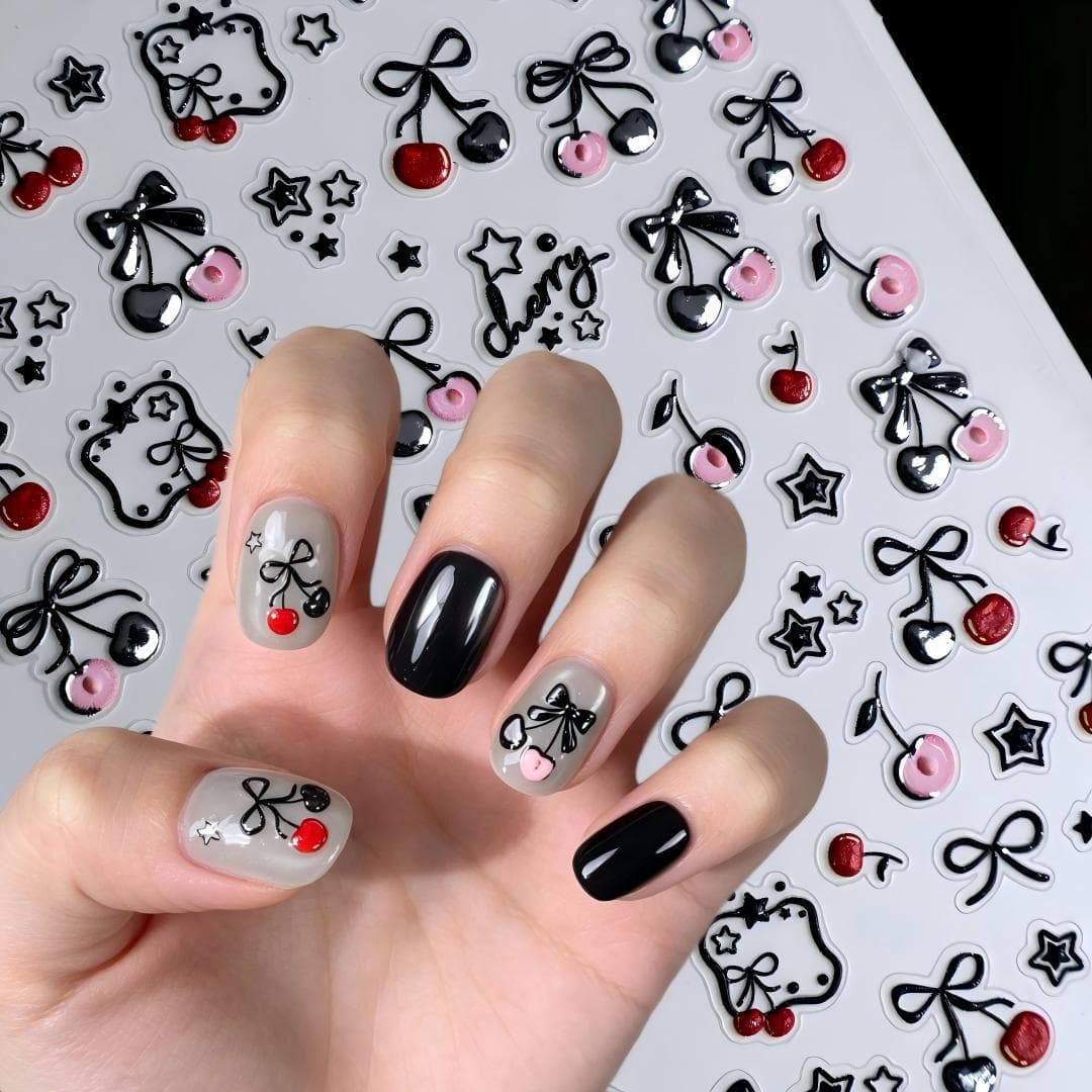 Silver Foil Nail Art Stickers Embossed Ins Cherry Star Bow Sweet Style Minimalist CCD Nail Decoration Stickers SL