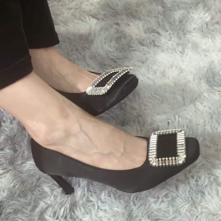 Thin Heel Rhinestone Buckle High Heels Women's Shoes Satin Shallow Mouth Square Heel Silk Square Toe Elegant Women's Fairy Shoes Wine Glass Heel